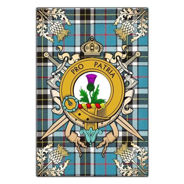 Thomson Tartan Crest Black Garden Flag - Gold Thistle Style For Sale