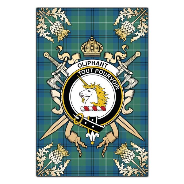 Oliphant Ancient Tartan Crest Black Garden Flag - Gold Thistle Style Hot on Sale