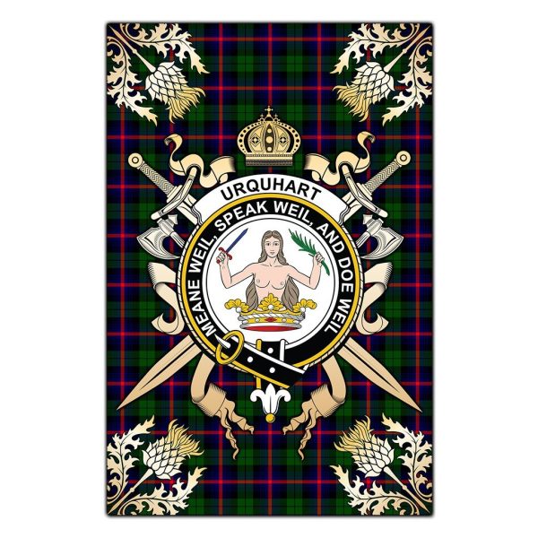 Urquhart Modern Tartan Crest Black Garden Flag - Gold Thistle Style on Sale