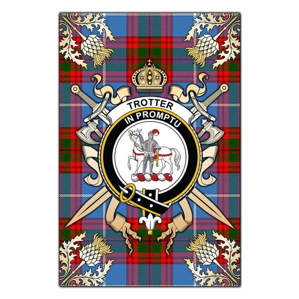 Trotter Tartan Crest Black Garden Flag - Gold Thistle Style For Cheap