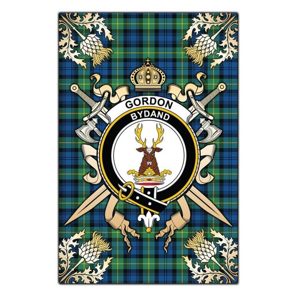 Gordon Ancient Tartan Crest Black Garden Flag - Gold Thistle Style on Sale