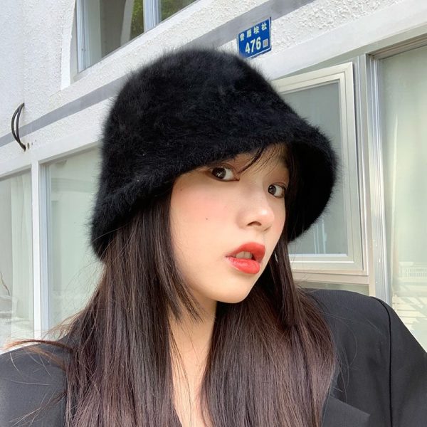 Winter Women Solid Color Fur Hat Bucket Cap Fisherman Hat Bucket Hat Hot on Sale - Image 3